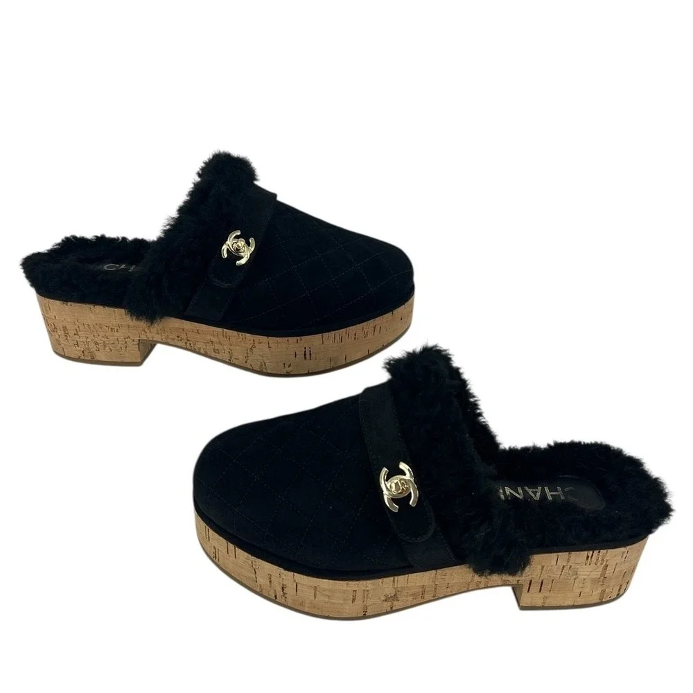 Chanel 21A Black Shearling‎ CC Turn Clasp Quilt Cork Mules Size 36